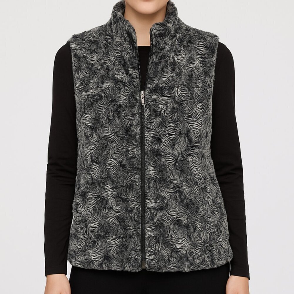 JM Collection Women’s Faux Fur L Vest Black Gray Zip Front Cozy Winter Layering